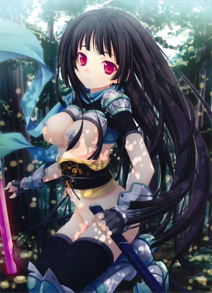 Anime picture 4224x5835 with original miyama zero long hair tall image highres breasts light erotic black hair red eyes absurdres traditional clothes scan girl thighhighs weapon black thighhighs plant (plants) sword tree (trees) boots