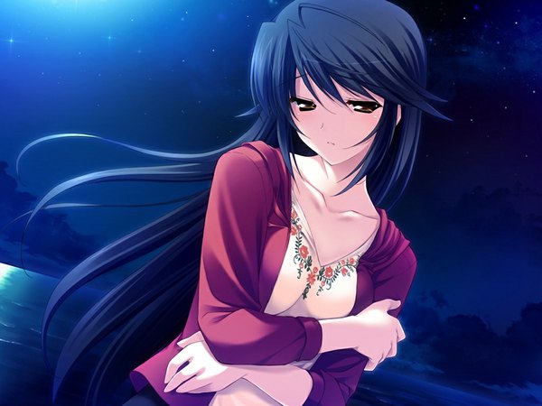 Anime picture 1024x768 with hoshiuta morishita seiko long hair black hair brown eyes game cg night girl