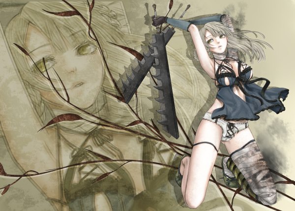 Anime picture 2791x2000 with nier kaine (nier) masami chie single long hair highres light erotic brown hair holding yellow eyes kneeling zoom layer dual wielding girl underwear panties weapon bandage (bandages)