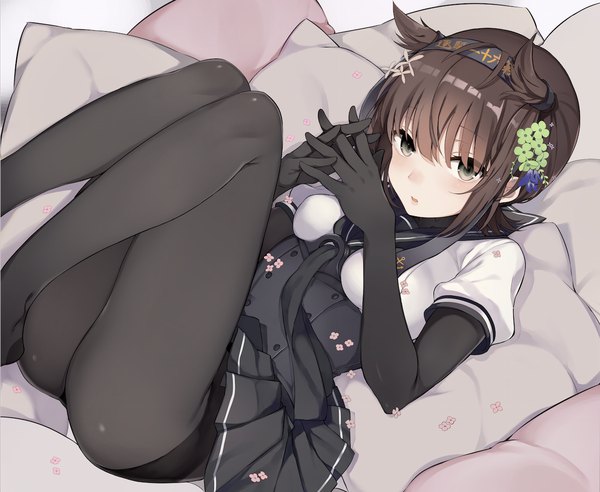 Anime picture 1251x1026 with kantai collection hatsuzuki destroyer oniku (oishii oniku) single looking at viewer blush fringe short hair breasts light erotic black hair hair between eyes brown hair twintails payot lying parted lips hair flower on back short twintails
