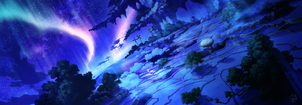 Anime picture 1188x416 with original mocha (cotton) wide image signed sky night landscape fantasy scenic aurora borealis floating island plant (plants) tree (trees) star (stars) aircraft island windmill dirigible