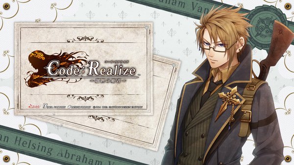 Anime picture 1920x1080 with code: realize ~sousei no himegimi~ idea factory abraham van helsing miko (artist) single fringe highres short hair brown hair wide image purple eyes looking away serious boy glasses necktie