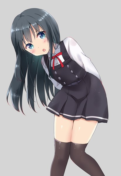 Anime picture 867x1260 with kantai collection asashio destroyer yoshikita popuri single long hair tall image looking at viewer blush blue eyes black hair simple background grey background :o leaning zettai ryouiki leaning forward hands behind back knees together feet apart girl thighhighs