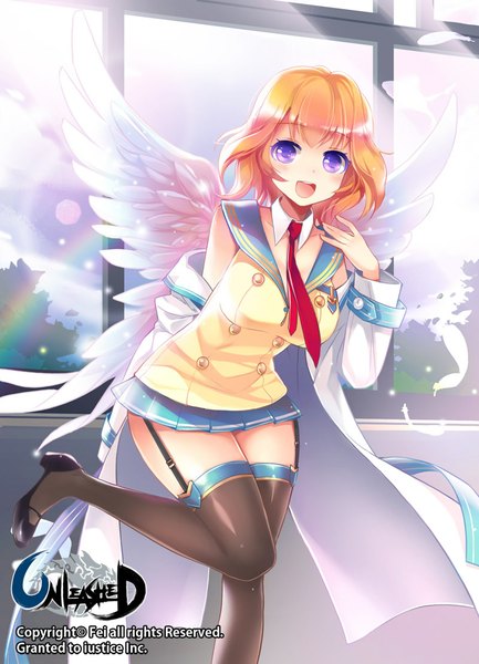 Anime picture 800x1108 with unleashed fei (pixiv) single tall image blush short hair open mouth purple eyes orange hair girl thighhighs skirt uniform black thighhighs school uniform miniskirt wings feather (feathers)