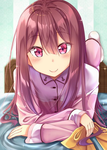 Anime picture 1280x1790 with kantai collection kamikaze destroyer gurande (g-size) single long hair tall image looking at viewer blush fringe smile hair between eyes brown hair lying pink eyes sparkle on stomach girl pajamas