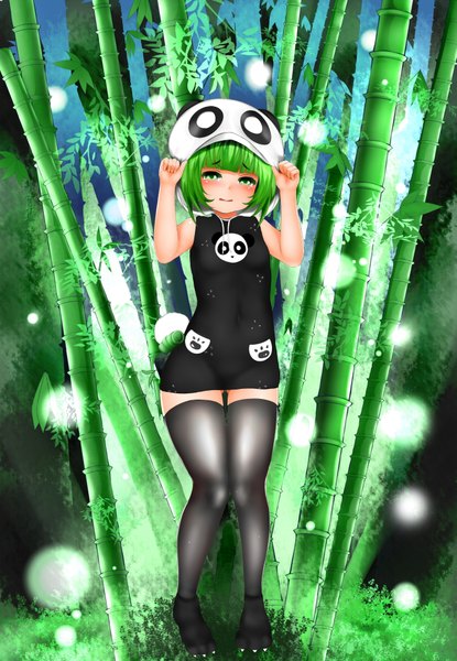 Anime picture 1373x1982 with furama (mapar) single tall image looking at viewer blush short hair light erotic green eyes green hair lolicon bamboo forest girl thighhighs black thighhighs plant (plants) tree (trees) headdress forest teardrop bamboo