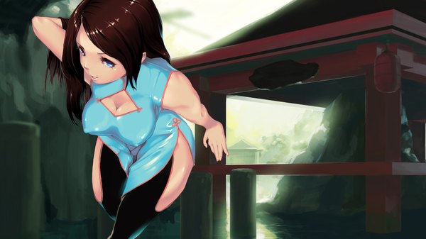 Anime picture 1920x1080 with original tororoto single long hair looking at viewer highres blue eyes light erotic brown hair wide image bare shoulders chinese clothes girl chinese dress