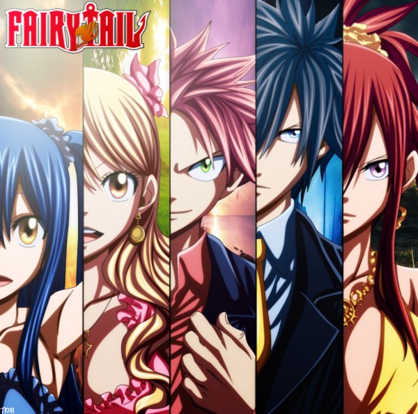 Anime picture 2400x2376 with fairy tail lucy heartfilia erza scarlet natsu dragneel gray fullbuster wendy marvell futuretabs long hair highres short hair open mouth blue eyes black hair blonde hair smile bare shoulders multiple girls brown eyes green eyes yellow eyes