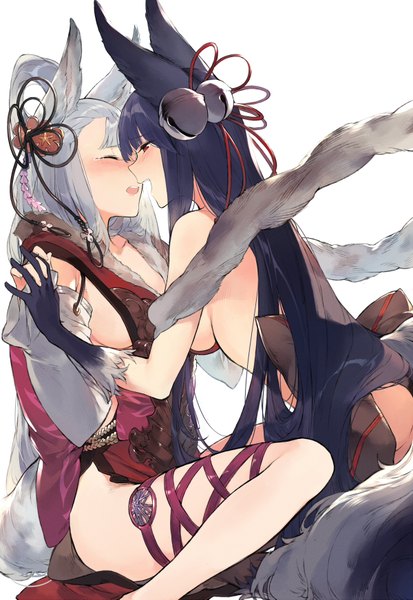 Anime picture 1200x1743 with granblue fantasy yuel (granblue fantasy) socie (granblue fantasy) duoyuanjun long hair tall image blush fringe breasts open mouth light erotic black hair simple background red eyes large breasts white background bare shoulders multiple girls animal ears silver hair