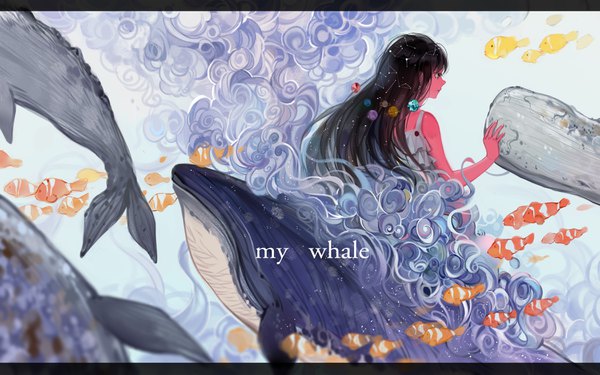 Anime picture 3600x2250 with original longyu long hair highres black hair bare shoulders looking away absurdres profile black eyes inscription letterboxed constellation girl animal star (stars) fish (fishes) planet whale