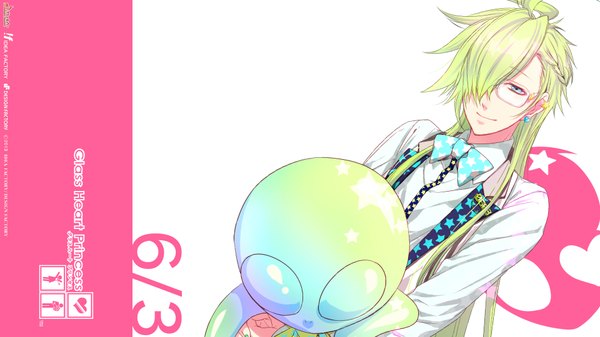 Anime picture 1920x1080 with glass heart princess idea factory kanata hoshino kinami yuki single long hair looking at viewer fringe highres blue eyes smile wide image white background green hair inscription official art piercing boy glasses heart