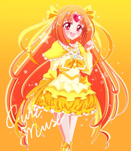 Anime picture 1045x1200 with precure suite precure toei animation shirabe ako cure muse (yellow) single long hair tall image blush open mouth red eyes orange hair girl dress