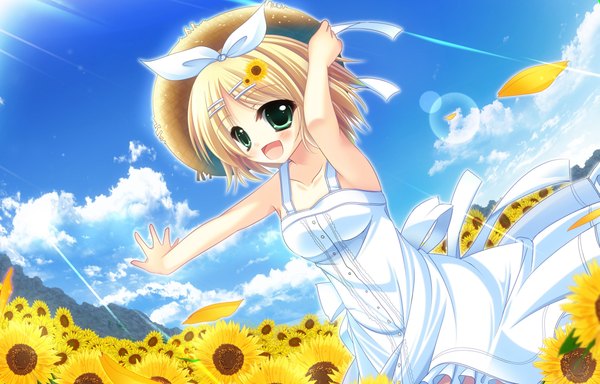 Anime picture 2153x1378 with vocaloid kagamine rin blush highres short hair open mouth blonde hair green eyes sky cloud (clouds) girl flower (flowers) hat sundress sunflower