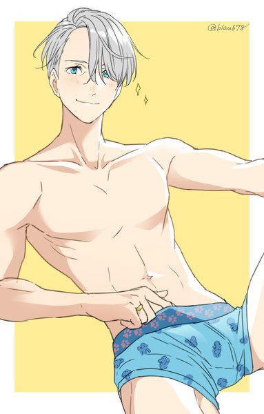 Anime picture 766x1200 with yuri!!! on ice mappa viktor nikiforov natsuko (bluecandy) single tall image looking at viewer blush fringe short hair blue eyes light erotic simple background silver hair light smile hair over one eye underwear only border topless reclining