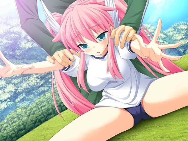 Anime picture 1024x768 with angel magister nagi everbright long hair blue eyes light erotic sitting twintails pink hair game cg outdoors head out of frame stretch girl boy uniform plant (plants) tree (trees) gym uniform