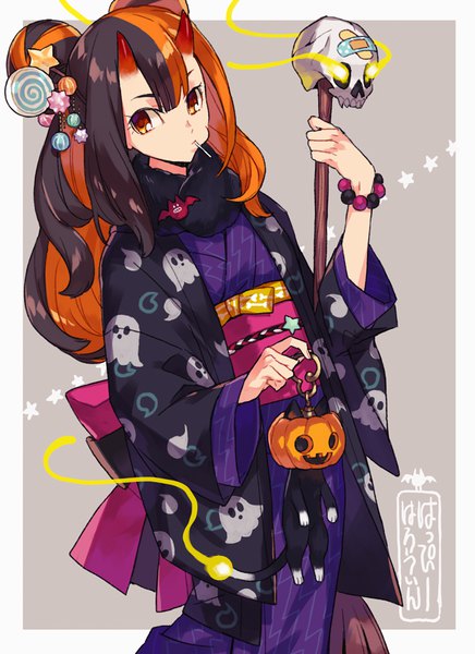 Anime picture 655x900 with original ebira single tall image fringe black hair standing looking away blunt bangs traditional clothes japanese clothes multicolored hair horn (horns) orange hair grey background two-tone hair hair bun (hair buns) orange eyes fur trim wavy hair