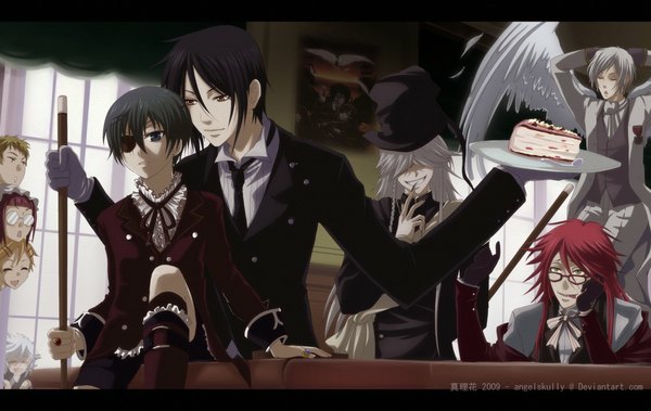 Anime picture 1123x711 with kuroshitsuji a-1 pictures sebastian michaelis ciel phantomhive grell sutcliff undertaker maylene finnian bardroy ash kuro-mai letterboxed angel wings victorian hat boots sweets eyepatch cake