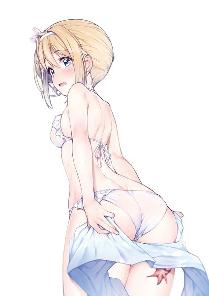Anime picture 850x1200 with girls frontline suomi kp31 (girls frontline) jp06 single tall image blush fringe short hair breasts open mouth blue eyes light erotic simple background blonde hair hair between eyes standing white background holding payot ass