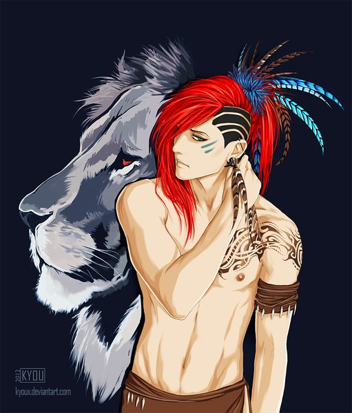 Anime picture 937x1100 with original kyoux (artist) long hair tall image fringe simple background green eyes signed red hair hair over one eye bare belly tattoo piercing black background looking down boy earrings animal feather (feathers) lion