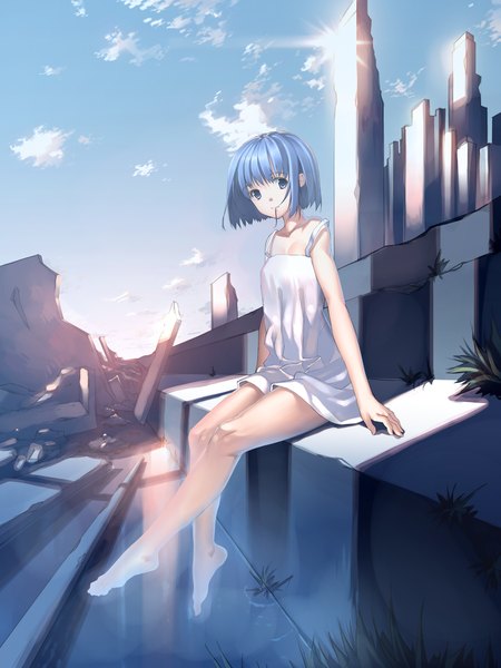Anime picture 2894x3858 with original joeian (artist) single tall image looking at viewer highres short hair blue eyes blue hair sky cloud (clouds) barefoot mouth hold ruins girl plant (plants) grass sundress
