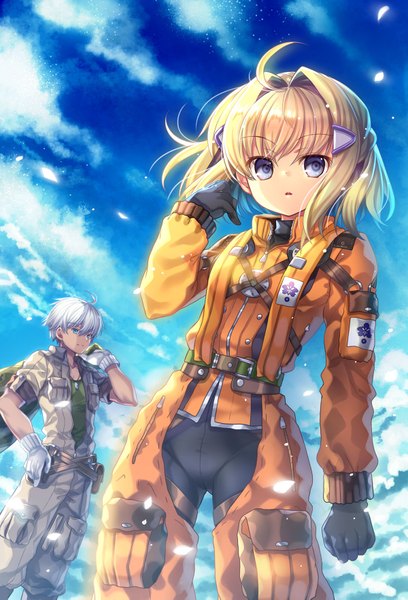 Anime picture 1200x1763 with original capura lin tall image short hair open mouth blue eyes blonde hair sky cloud (clouds) white hair girl boy jumpsuit