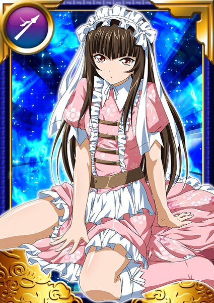 Anime picture 567x800 with ikkitousen teni single long hair tall image looking at viewer brown hair brown eyes card (medium) girl dress boots lolita hairband