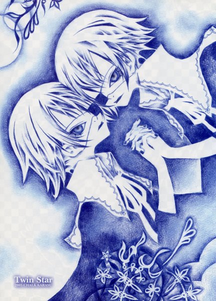Anime picture 2250x3124 with chalk karasu tall image highres short hair signed white hair nail polish holding hands monochrome blue background twins interlocked fingers choker eyepatch