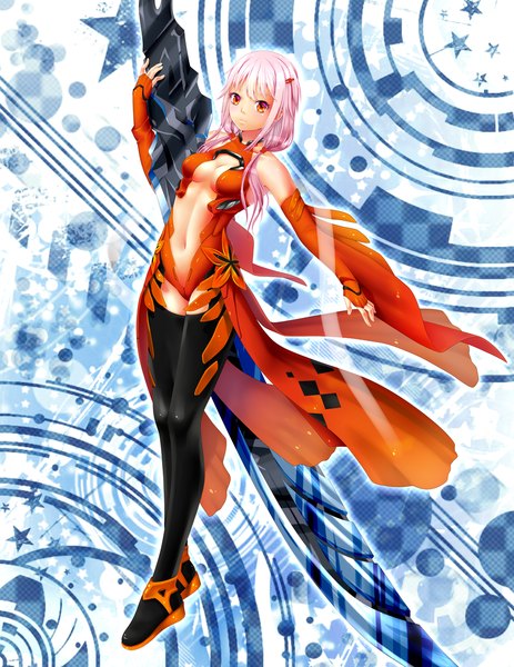 Anime picture 900x1165 with guilty crown production i.g yuzuriha inori vali (valiryn) single long hair tall image light erotic red eyes twintails pink hair cleavage light smile bare belly center opening girl thighhighs gloves navel hair ornament