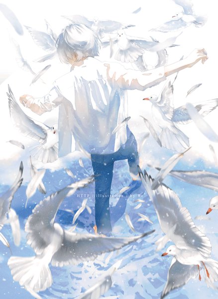 Anime picture 963x1319 with original re (artist) single tall image short hair standing full body white hair from behind androgynous animal shirt white shirt bird (birds) pants feather (feathers) jeans seagull