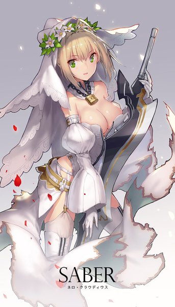 Anime picture 594x1037 with fate (series) fate/grand order fate/extra fate/extra ccc nero claudius (fate) (all) nero claudius (fate) nero claudius (bride) (fate) ritsuki single tall image looking at viewer fringe short hair breasts light erotic blonde hair hair between eyes large breasts holding green eyes