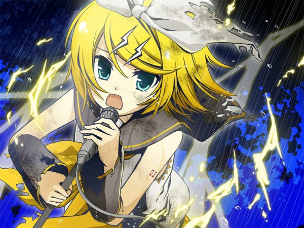 Anime picture 1024x768 with vocaloid kagamine rin shiramori yuse single looking at viewer short hair open mouth blue eyes blonde hair sailor collar girl bow hair bow detached sleeves microphone