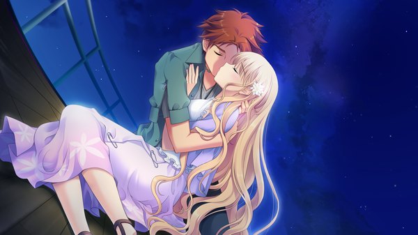 Anime picture 1280x720 with astraythem ginta long hair short hair blonde hair brown hair wide image game cg eyes closed hair flower night night sky couple kiss girl dress boy hair ornament