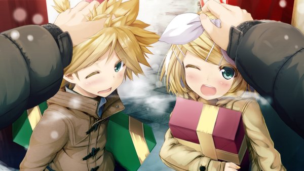 Anime picture 1920x1080 with vocaloid kagamine rin kagamine len daidou (demitasse) blush highres short hair open mouth blonde hair wide image green eyes one eye closed wink snowing snow exhalation girl boy hair ornament bow
