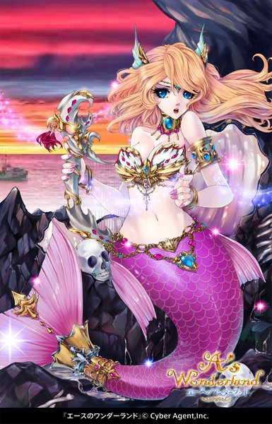 Anime picture 1000x1559 with a's wonderland kunishige keiichi long hair tall image looking at viewer open mouth blue eyes blonde hair bare shoulders nail polish midriff girl navel choker bracelet sea jewelry skull mermaid