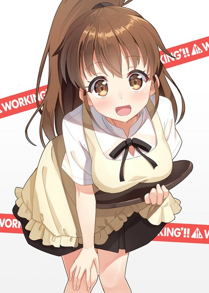Anime picture 800x1119 with working!! a-1 pictures taneshima popura hyuuga azuri single long hair tall image looking at viewer blush open mouth brown hair holding brown eyes ponytail :d leaning leaning forward hand on knee girl skirt