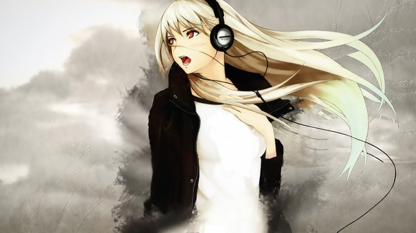 Anime picture 1920x1080 with hemagoku (artist) long hair highres open mouth blonde hair red eyes wide image girl jacket headphones wire (wires)