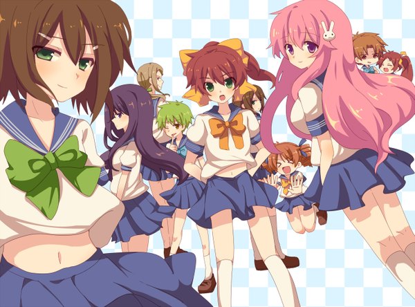 Anime picture 1383x1024 with baka to test to shoukanjuu silver link kinoshita hideyoshi himeji mizuki shimada minami kirishima shouko yoshii akihisa kudou aiko kinoshita yuuko shimizu miharu shimada hazuki toudou kaoru hizuno (artist) long hair looking at viewer blush short hair open mouth black hair blonde hair