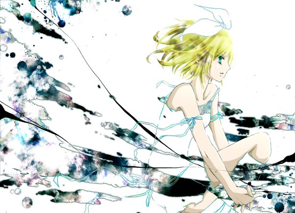 Anime picture 2000x1444 with vocaloid kagamine rin aonoe single highres short hair blonde hair bare shoulders profile torn clothes girl bow ribbon (ribbons) hair bow