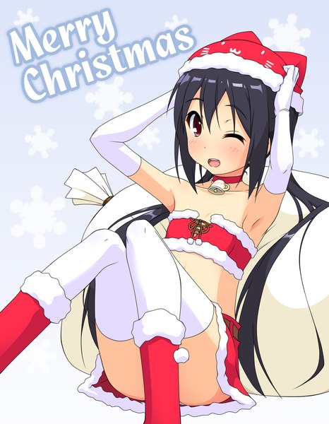 Anime picture 1400x1800 with k-on! kyoto animation nakano azusa k10k single long hair tall image open mouth light erotic black hair red eyes twintails one eye closed wink fur trim christmas pantyshot sitting merry christmas girl thighhighs