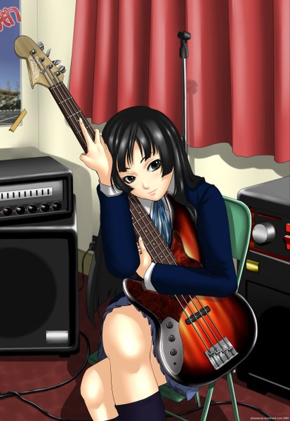 Anime picture 1663x2416 with k-on! kyoto animation akiyama mio long hair tall image black hair black eyes girl socks knee socks musical instrument guitar