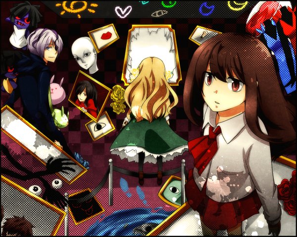 Anime picture 1280x1024 with ib (game) garry (ib) ib (ib) mary (ib) long hair fringe short hair blonde hair smile red eyes brown hair purple eyes multiple girls purple hair hair over one eye back girl dress boy skirt