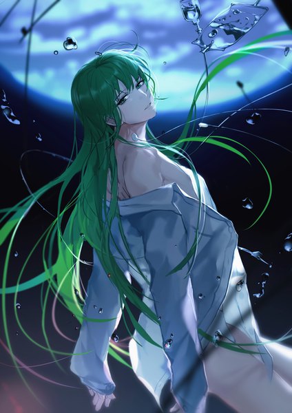 Anime picture 2308x3264 with fate (series) fate/strange fake enkidu (fate) rrr (reason) single long hair tall image looking at viewer highres light erotic green eyes green hair open shirt floating hair androgynous boy underwear panties shirt white panties