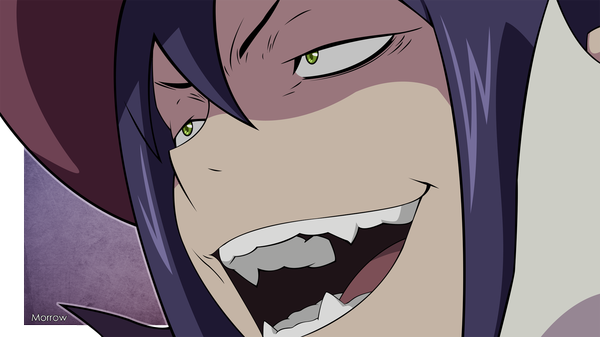 Anime picture 2000x1125 with ao no exorcist a-1 pictures mephisto pheles morrow single long hair highres open mouth simple background smile wide image green eyes purple hair :d teeth fang (fangs) portrait face vector sharp teeth