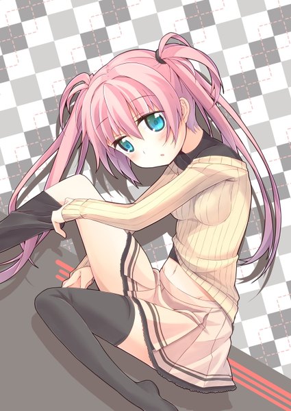 Anime picture 1032x1457 with original oruton (artist) single long hair tall image blush blue eyes twintails pink hair girl thighhighs skirt black thighhighs miniskirt sweater
