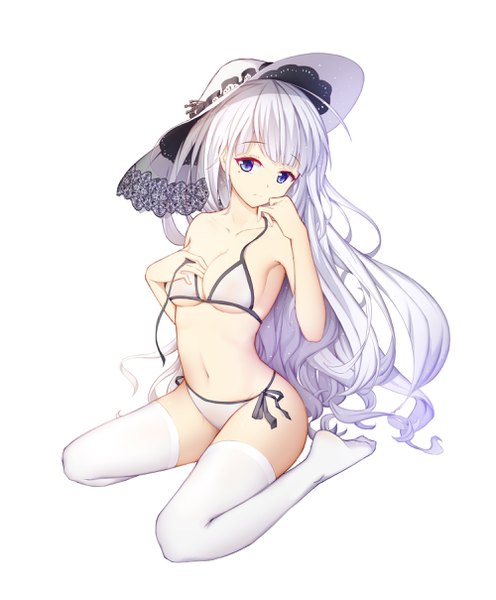 Anime picture 2000x2419 with azur lane original illustrious (azur lane) niharu single long hair tall image looking at viewer fringe highres breasts blue eyes light erotic simple background white background sitting full body white hair mole mole under eye