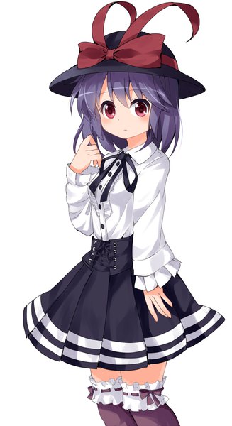 Anime picture 545x1000 with touhou nagae iku ruu (tksymkw) single tall image blush short hair simple background red eyes white background purple hair pleated skirt expressionless girl thighhighs skirt bow hat black skirt blouse