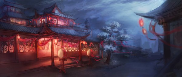 Anime picture 4724x2000 with original noodles (artist) highres wide image wind night night sky light no people ribbon (ribbons) plant (plants) tree (trees) roof japanese house