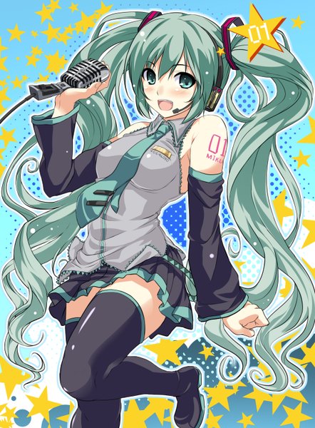 Anime picture 2200x2983 with vocaloid hatsune miku marushin (denwa0214) single long hair tall image highres open mouth twintails aqua eyes aqua hair girl detached sleeves necktie star (symbol) thigh boots microphone