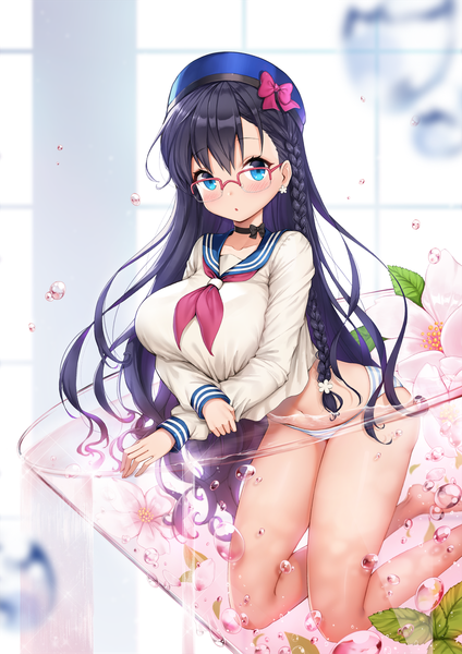 Anime picture 1300x1839 with original ango single long hair tall image looking at viewer blush breasts blue eyes light erotic black hair large breasts braid (braids) girl uniform underwear panties flower (flowers) bow earrings