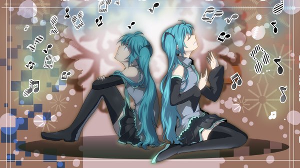 Anime picture 1200x675 with vocaloid hatsune miku mariwai (marireroy) long hair wide image twintails multiple girls eyes closed aqua eyes aqua hair looking up framed back to back girl thighhighs 2 girls detached sleeves musical note